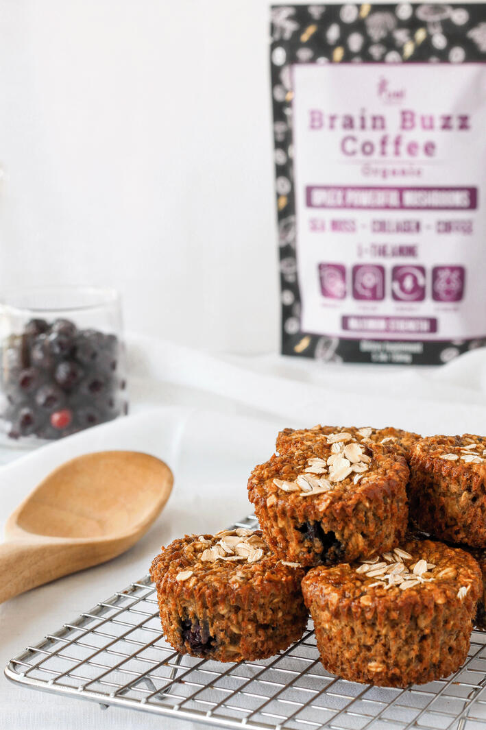 Oat breakfast muffins with branded mushroom coffee.