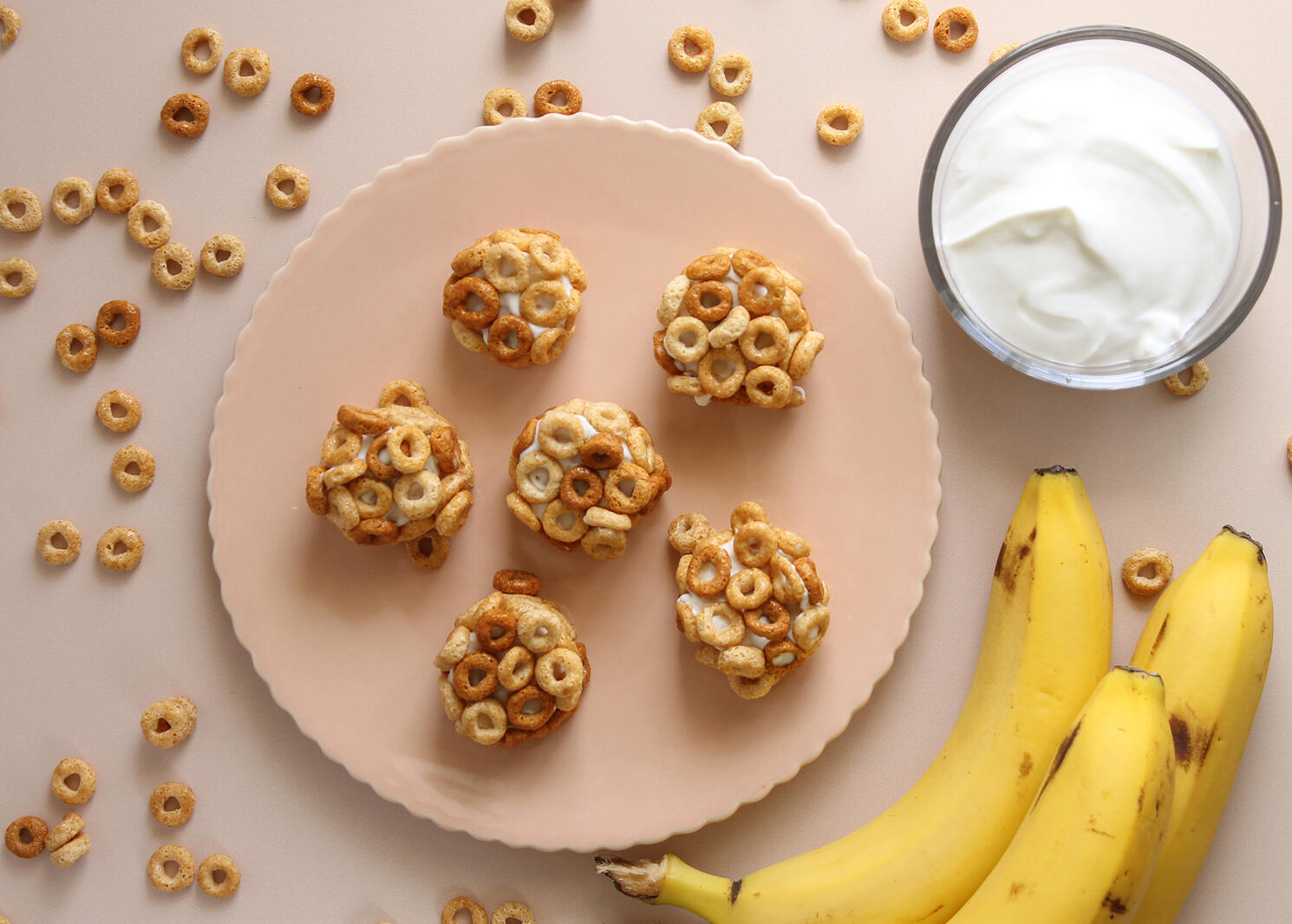 Treats made with banana, yogurt, and oat cereal.