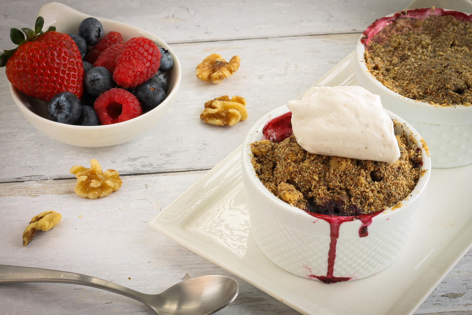 A berry buckwheat crumble topped with yogurt.